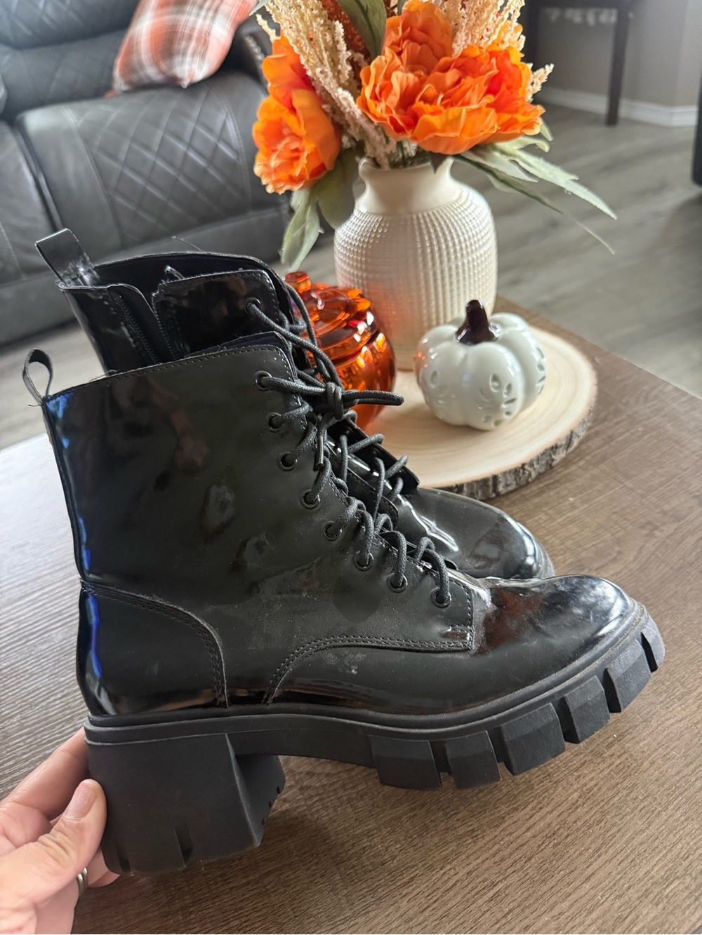 Women’s Black Patent Lace-Up Chunky Combat Boots